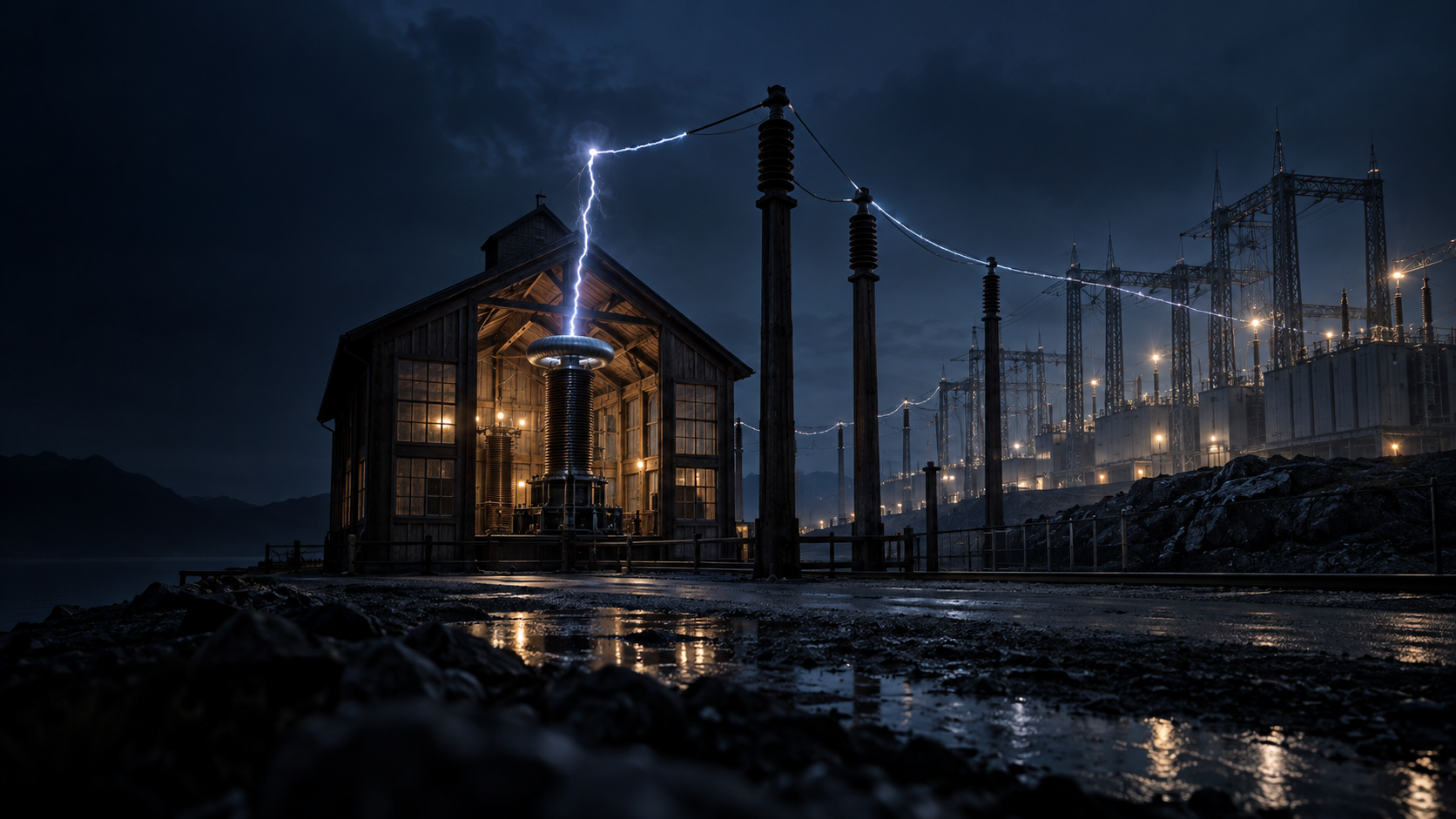 Nikola Tesla dönemi deney laboratuvarı ile günümüz yüksek gerilim enerji tesisini birleştiren konsept görsel; iletkenler boyunca ilerleyen elektrik akımı